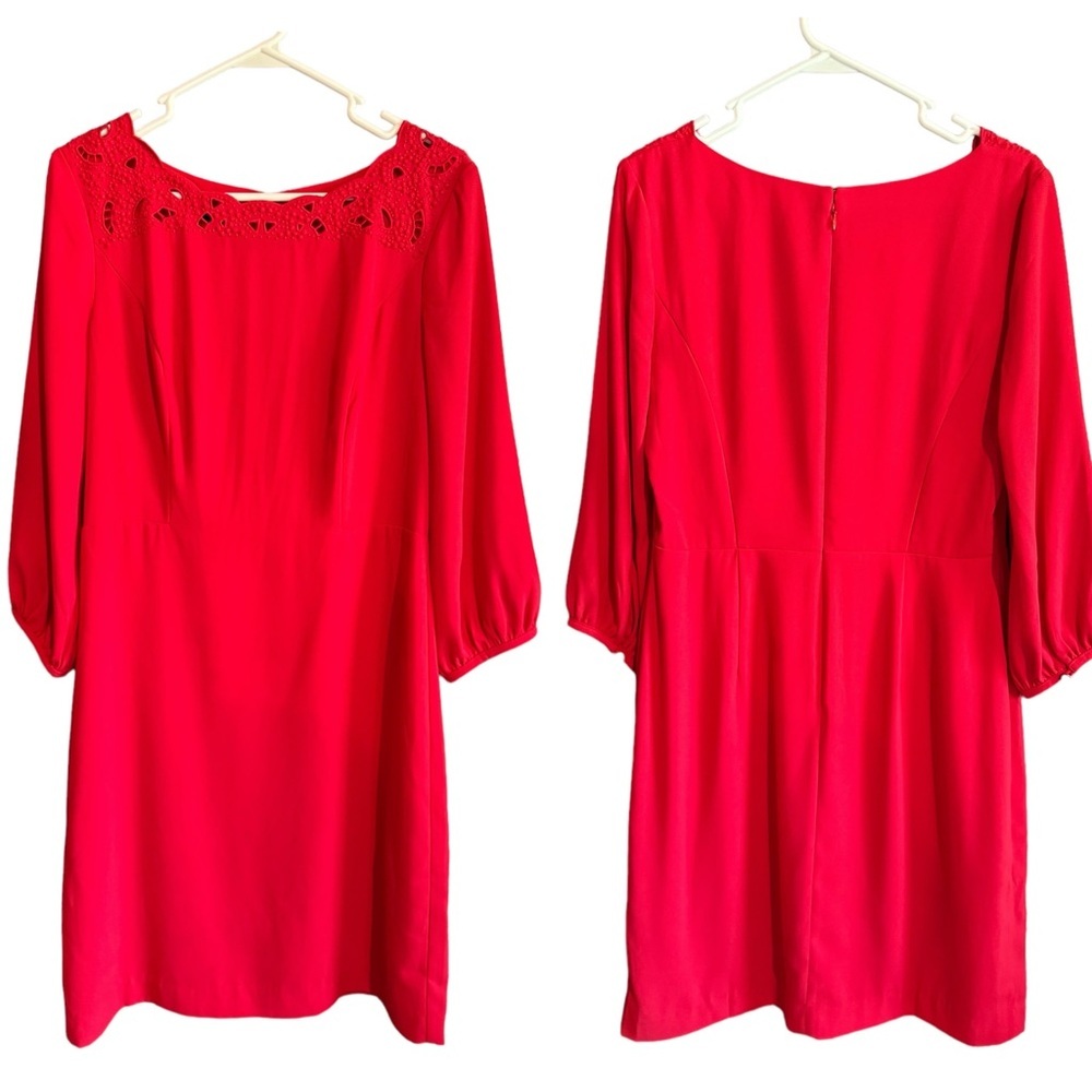 NWOT Talbots Woman's Bright Red Eyelet Neckline Bishop Sleeves Dress, Size 6